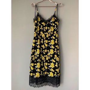 Michael Kors Floral Matte-Jersey Slip Dress Sz M blk & yellow